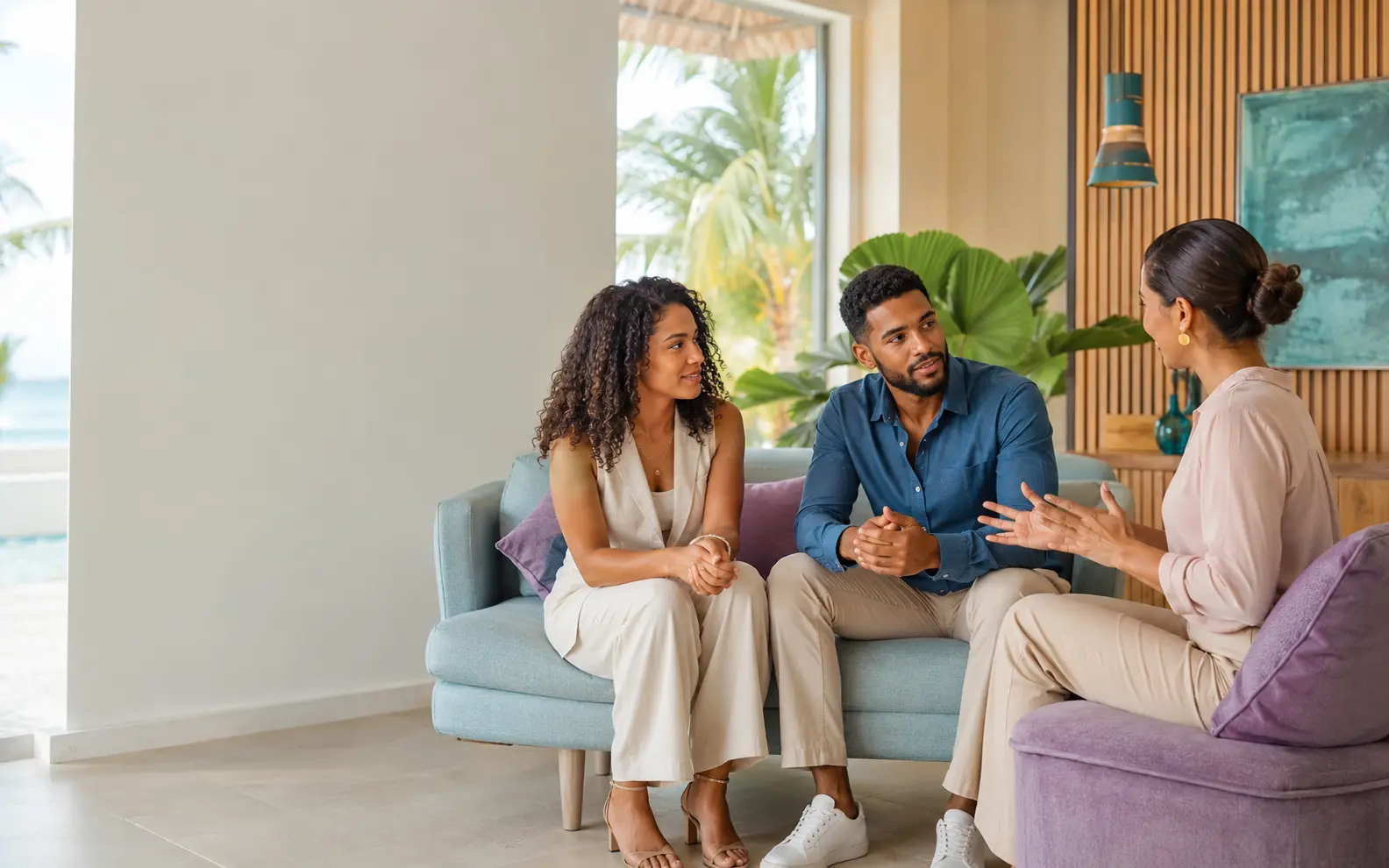 Adultos dominicanos en una conversación cercana