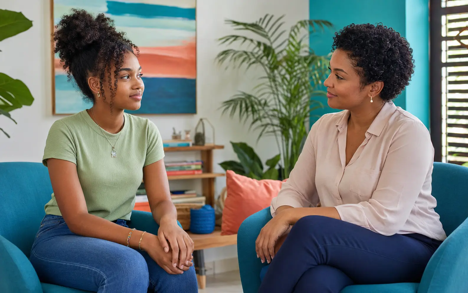 Adolescente dominicana conversando con una psicóloga